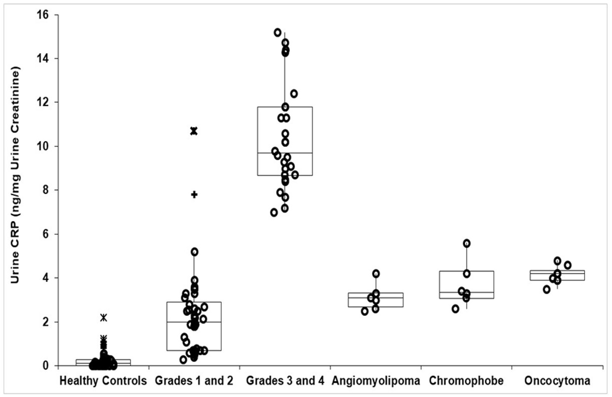 Figure 1. Urine CRP contents in healthy controls and patients with T1a renal tumors